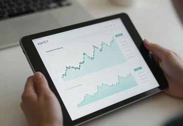 Close-up of a person using a sleek tablet displaying clean financial charts. Minimalist setting with professional lighting and #4A7C7F accents.