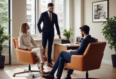 Equipo de profesionales gestionando una reunión con clientes en un despacho, representando la gestió