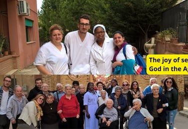 Caregivers and nursing staff smiling with elderly residents at a senior care home community.