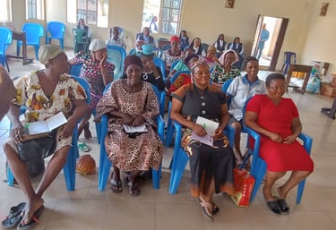 A group of African women sitting in blue plastic chairs during a community meeting or seminar indoors.