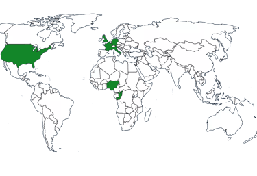 World map highlighting Nigeria, Benin Republic, Congo Brazzaville, France, Germany, Italy, UK and US