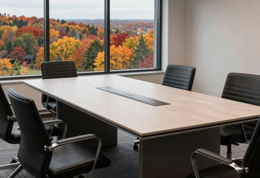 A clean, minimalist meeting table in an office overlooking a Wisconsin autumn landscape with vibrant foliage, high-end professional atmosphere.