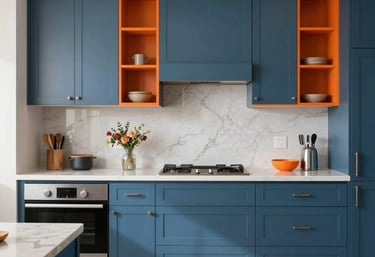 A high-resolution photo of a finished modern kitchen in North American / US (Los Angeles), showcasing steel blue cabinetry and bright construction orange decor accents.
