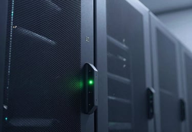 Clean, minimalist photography of a server room with a focus on a single blinking green light. Sophisticated tech background in Oxford navy and slate gray blue.