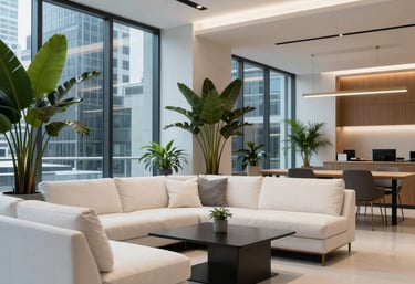 Photography of a modern office lounge in a Latin American metropolis. High-end furniture, large plants, and warm, sophisticated lighting. Colors: ghost white and slate gray blue.