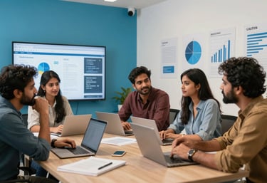 A vibrant photo of a South Asian creative team in Lahore brainstorming in a modern studio, with a wall featuring sky blue accents and digital marketing charts.