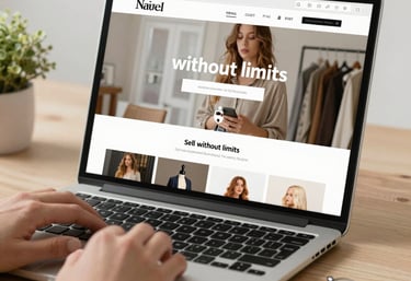 Close-up of hands coding a website on a laptop with a dark-themed interface and blue highlights.