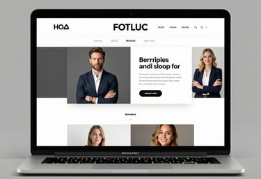 A sleek modern workspace with dual monitors displaying website designs in dark mode with blue accents.