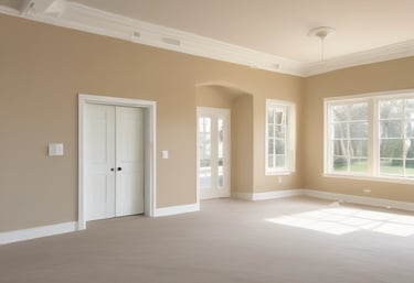 Painter carefully applying smooth white paint on an interior wall in a modern home.
