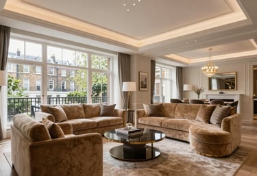 Luxury apartment interior in Kensington, London, featuring high ceilings, large windows, elegant tan furniture, and professional, soft lighting.