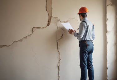 Close-up of detailed architectural blueprints and technical reports on a wooden desk.