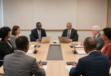 A vibrant meeting of Franco-Gambian leaders exchanging ideas in a modern conference room.