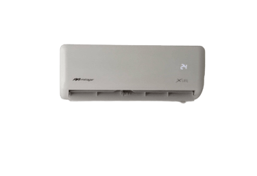 Unidad de aire acondicionado minisplit blanco Mirage X Life que muestra una temperatura
