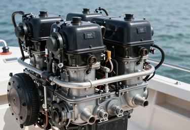 Technician inspecting a boat's electrical panel by the dock under clear skies.