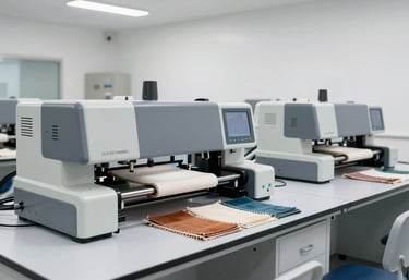 A modern textile laboratory in a South Asian facility, featuring testing equipment and fabric swatches, clean white walls, slate gray accents, professional and scientific atmosphere.