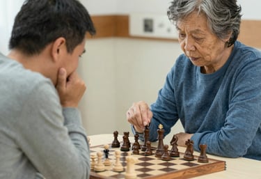 A warm, inviting photo of a registered social worker gently listening to an elderly client during a walk in a peaceful garden.