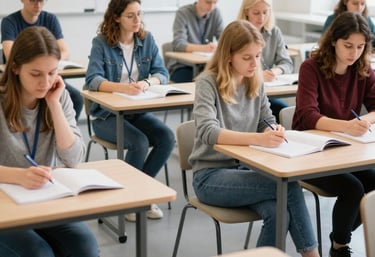 An bright classroom in Slovakia with a group of adult learners participating in a professional workshop, reflecting an encouraging educational environment.