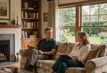 A happy homeowner reviewing paperwork with a mortgage advisor in a bright, cozy living room.