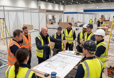 Construction team in safety vests reviewing project plans at industrial site
