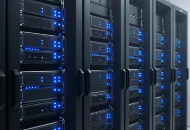A detailed photograph of a clean, modern server room with rows of black cabinets and glowing blue LED indicator lights. High-tech North American infrastructure.