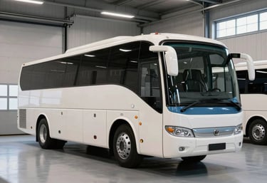 Wide shot of a modern, clean coach bus garage in the Netherlands, organized and professional atmosphere, shades of off-white and slate blue.