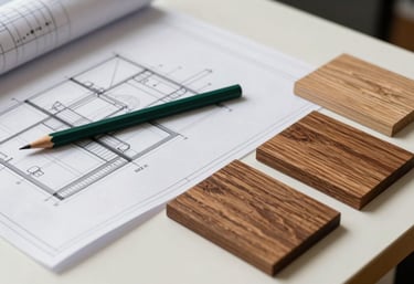 Architectural deck blueprints and wood brown timber samples laid out on an off-white table. A dark forest green pencil rests on the drawings, symbolizing the design phase.