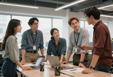 A group of professionals in business casual attire collaborating in a bright, modern open-plan office, North American / International.