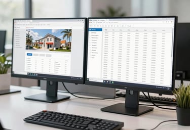 A high-tech North American office workspace featuring dual-monitor setup showing property management analytics in a bright, clean setting.