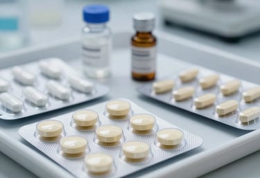 Close-up of pharmaceutical products and tablets in modern professional packaging on a white medical tray in a laboratory.