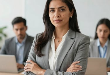 Business consultant advising a team in a modern office setting with charts and laptops.