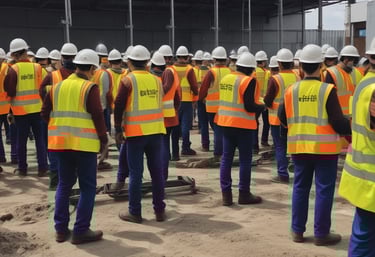 A team of construction workers in safety gear coordinating on an industrial site in Oman.