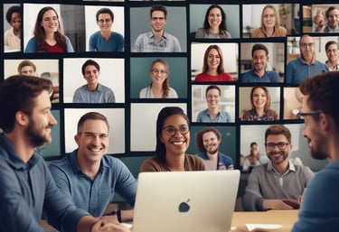 A diverse group of adults engaged in a virtual learning session, smiling and focused.