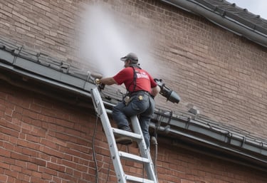 Close-up of a roof being softly washed by a professional using gentle pressure.