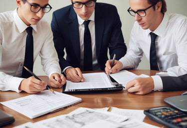 Close-up of hands calculating severance pay with financial papers on a desk.