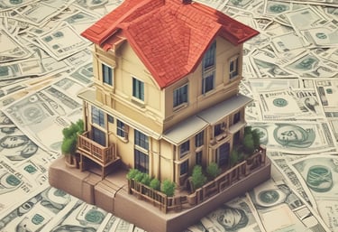 Hands exchanging a business contract over a table filled with financial charts and property models.