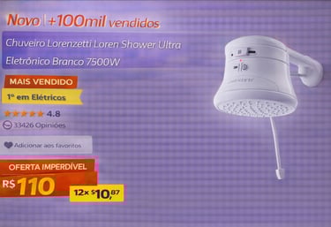 Chuveiro Lorenzetti Loren Shower Ultra Eletrônico Branco 7500W com selo de mais vendido e preço promocional.