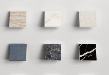 Square tile samples arranged in a grid. The tiles feature various textures and colours