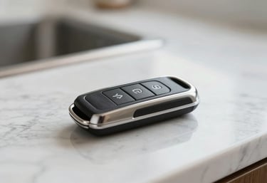 A close-up photograph of a modern car key fob resting on a clean marble countertop in a bright North American home setting, sharp focus.
