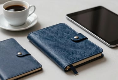 A clean, minimalist workspace with a coffee cup, tablet, and leather stationery in muted denim blue.