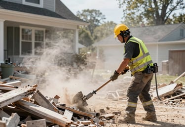 A demolition professional in safety gear clearing debris from a renovated North American / New England home, professional equipment, organized and safe workspace, mist white dust in the air.