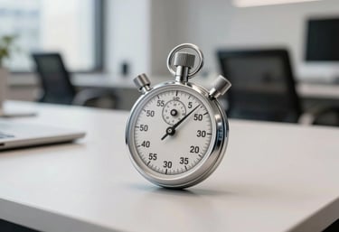 A professional stopwatch resting on a modern desk, symbolizing efficiency and speed, in a bright London office environment, sharp focus, professional photography.