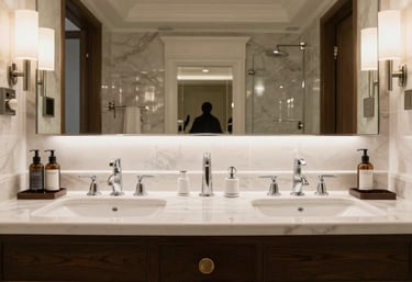 A bright, modern bathroom showcasing sleek taps and a stylish basin in white and orange accents.