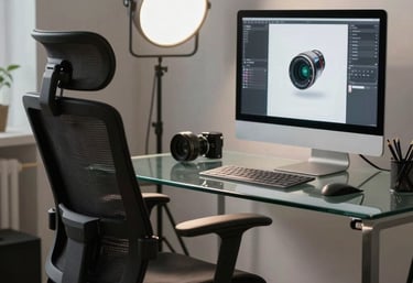 A sharp, detailed photograph of a creator's workspace featuring an ergonomic chair, a glass desk, and professional lighting equipment, emphasizing a clean and sophisticated workflow.