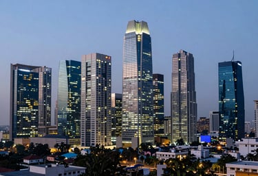 A panoramic view of a modern Indian financial district skyline at dusk, with buildings illuminated in soft steel blue and deep navy blue lights.