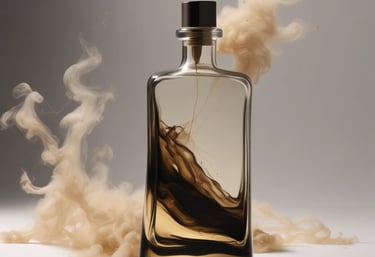 Minimalist glass bottle with dark liquid, surrounded by gentle wisps of smoke and muted gold accents.