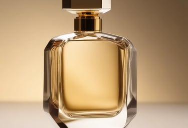 Close-up of a sleek glass perfume bottle with soft smoke curling around it against a muted gold gradient background.