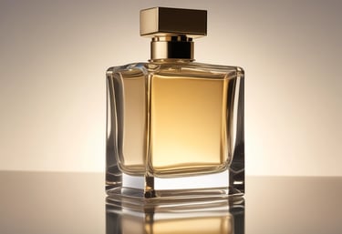 Close-up of a sleek glass perfume bottle with soft golden light reflecting off its surface.