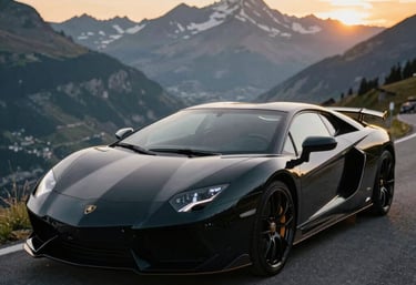 A sleek black luxury car parked in front of a modern Swiss mountain chalet at sunset.