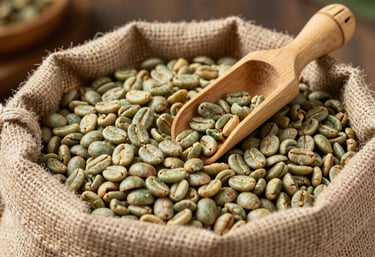 A close-up of a rustic burlap sack filled with green specialty coffee beans, with a small bamboo scoop resting on top. Traditional yet professional manufacturing setting in China.
