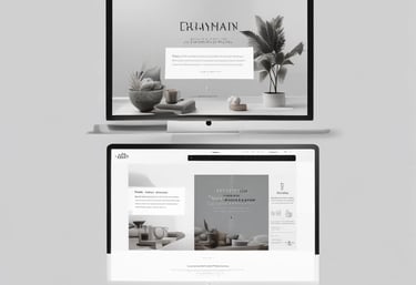 A clean workspace with a laptop displaying a minimalist portfolio website in deep blue accents.